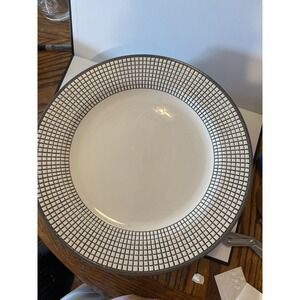 Set of 4 Dansk Handpaints Dinner Plate Grey White Grid Rim 12.5 inch Ceramic